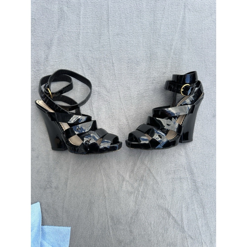 Saint Laurent YSL Wrap Wedge Sandal Patent Black Calf Leather Y2K Women Sz 5-5.5